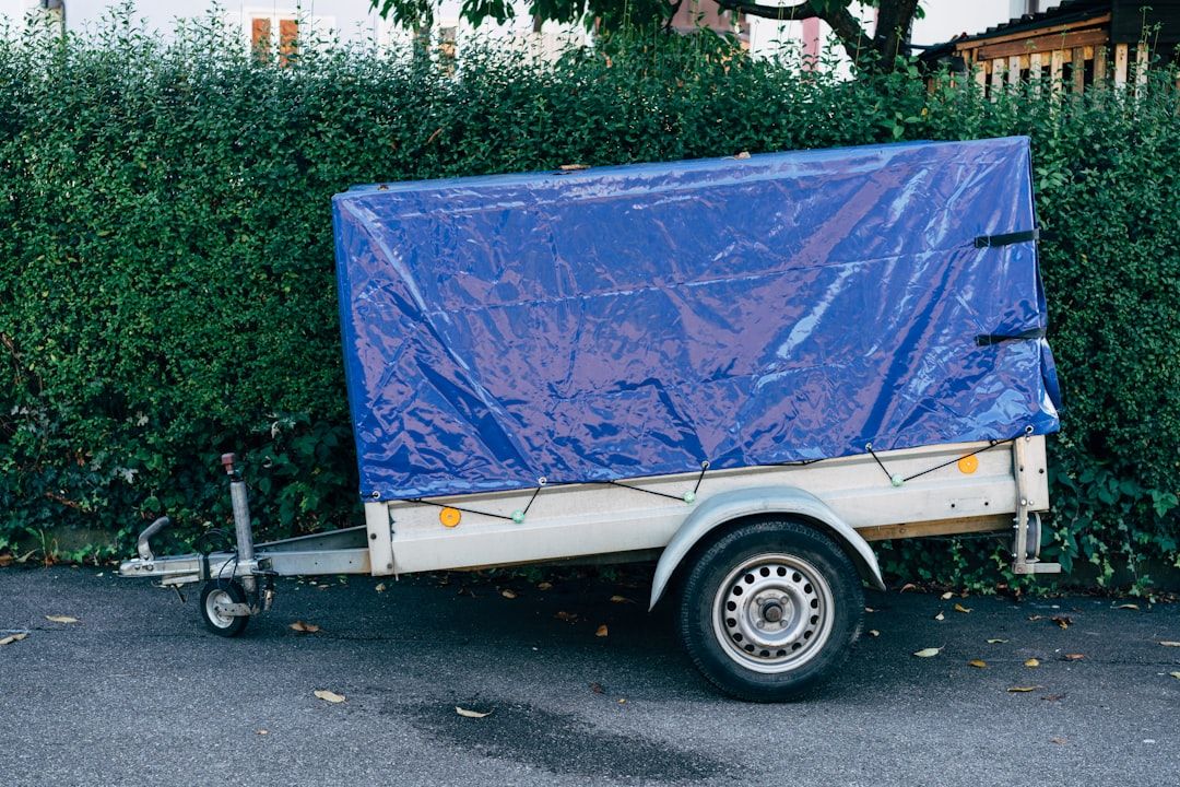 Ein Pkw-Anhänger mit blauer Hochplane steht auf der Straße.