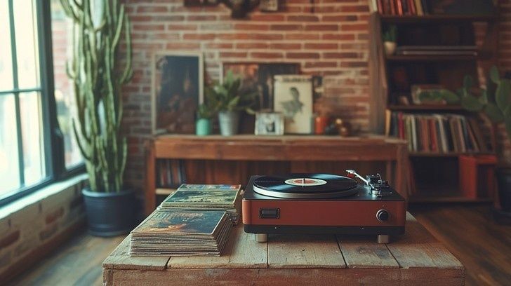 Plattenspieler und Schallplatten in einem gemütlichen Wohnzimmer